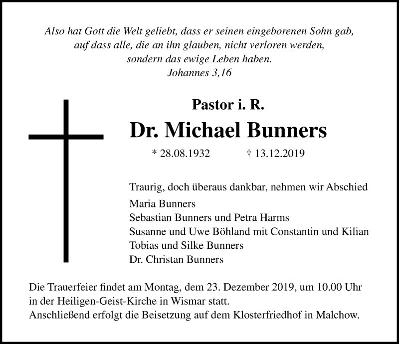  Traueranzeige für Michael Bunners vom 18.12.2019 aus Ostsee-Zeitung GmbH