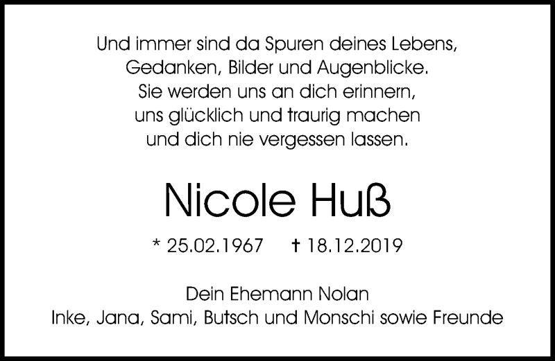  Traueranzeige für Nicole Huß vom 29.12.2019 aus Lübecker Nachrichten