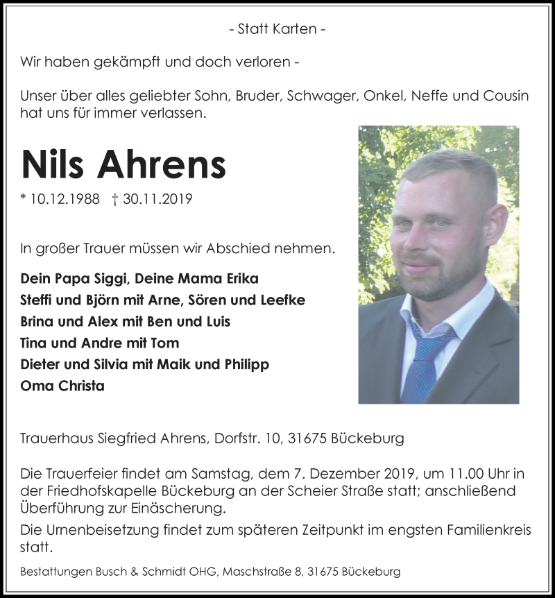  Traueranzeige für Nils Ahrens vom 04.12.2019 aus Schaumburger Nachrichten