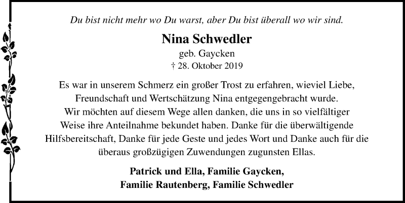  Traueranzeige für Nina Schwedler vom 15.12.2019 aus Lübecker Nachrichten