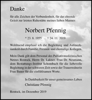 Traueranzeige von Norbert Pfennig von Ostsee-Zeitung GmbH