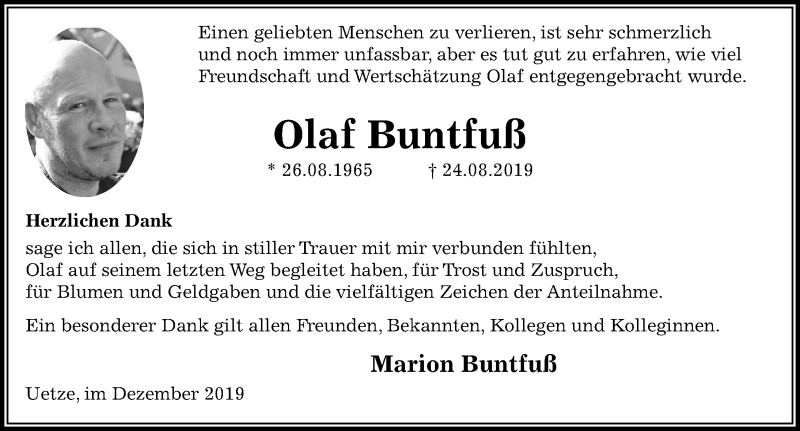  Traueranzeige für Olaf Buntfuß vom 07.12.2019 aus Aller Zeitung