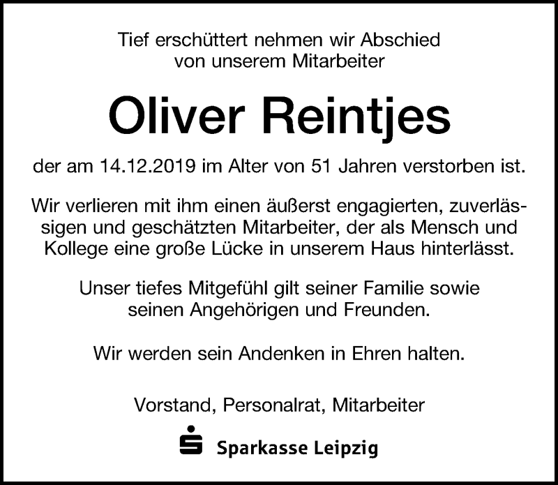  Traueranzeige für Oliver Reintjes vom 21.12.2019 aus Leipziger Volkszeitung
