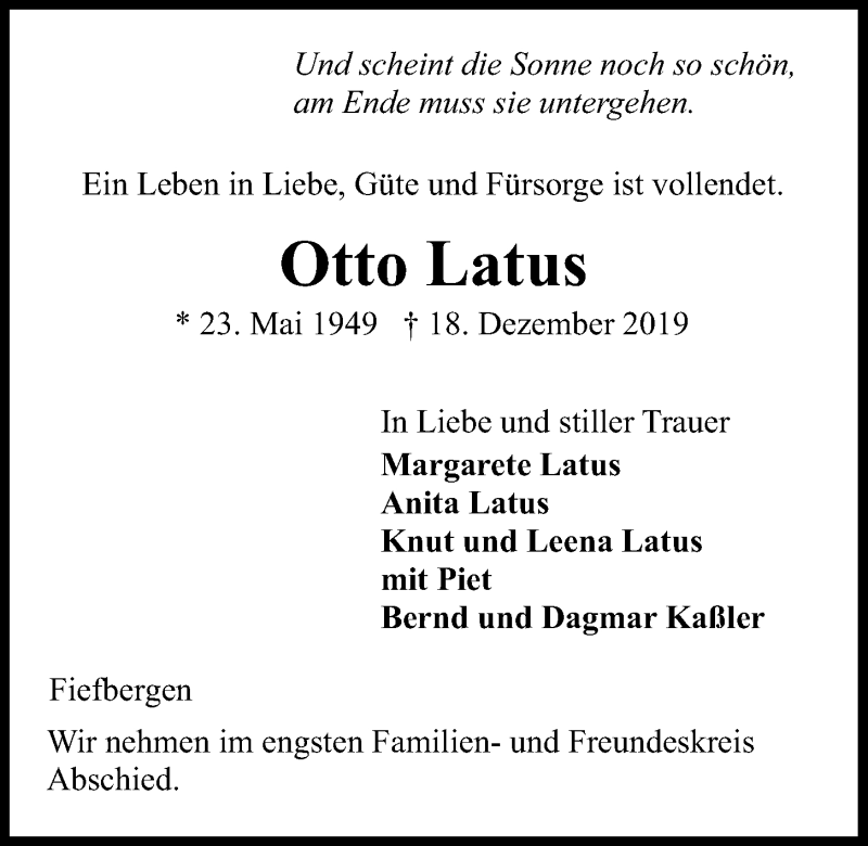  Traueranzeige für Otto Latus vom 24.12.2019 aus Kieler Nachrichten