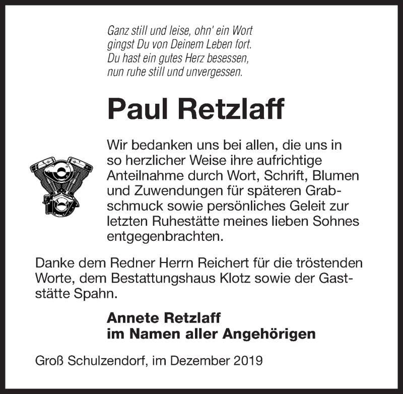  Traueranzeige für Paul Retzlaff vom 07.12.2019 aus Märkischen Allgemeine Zeitung