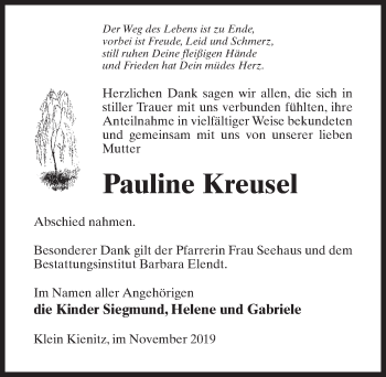 Traueranzeige von Pauline Kreusel von Märkischen Allgemeine Zeitung