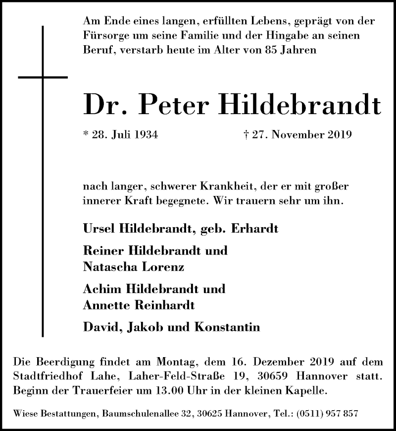 Traueranzeigen von Peter Hildebrandt traueranzeigen.de