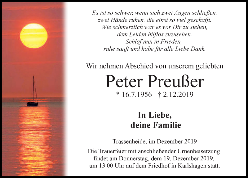  Traueranzeige für Peter Preußer vom 07.12.2019 aus Ostsee-Zeitung GmbH