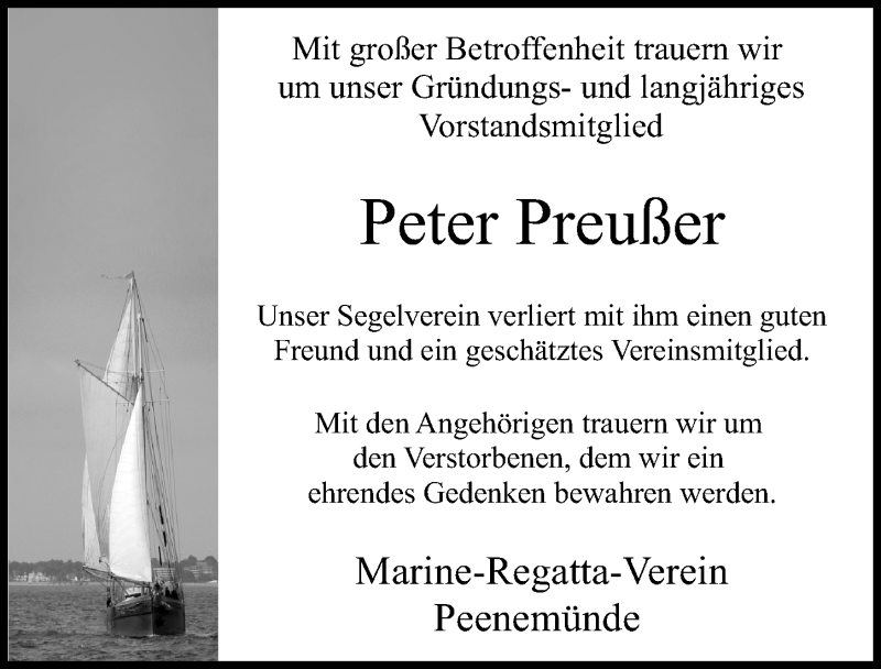  Traueranzeige für Peter Preußer vom 07.12.2019 aus Ostsee-Zeitung GmbH