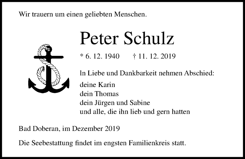  Traueranzeige für Peter Schulz vom 14.12.2019 aus Ostsee-Zeitung GmbH