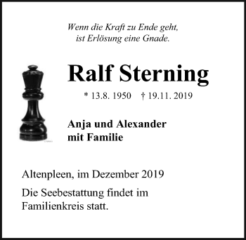 Traueranzeige von Ralf Sterning von Ostsee-Zeitung GmbH