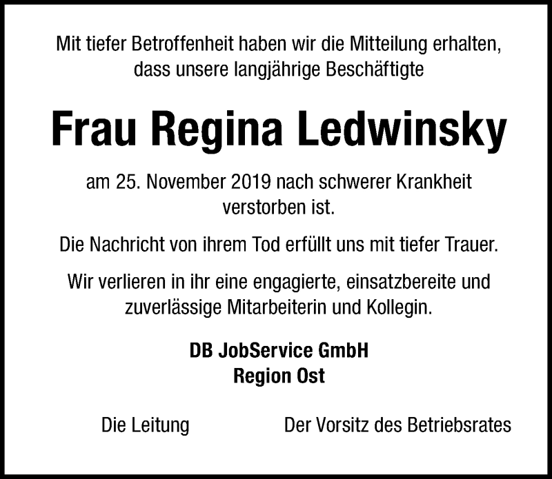  Traueranzeige für Regina Ledwinsky vom 07.12.2019 aus Leipziger Volkszeitung