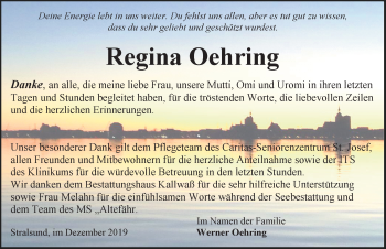 Traueranzeige von Regina Oehring von Ostsee-Zeitung GmbH
