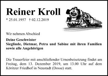 Traueranzeige von Reiner Kroll