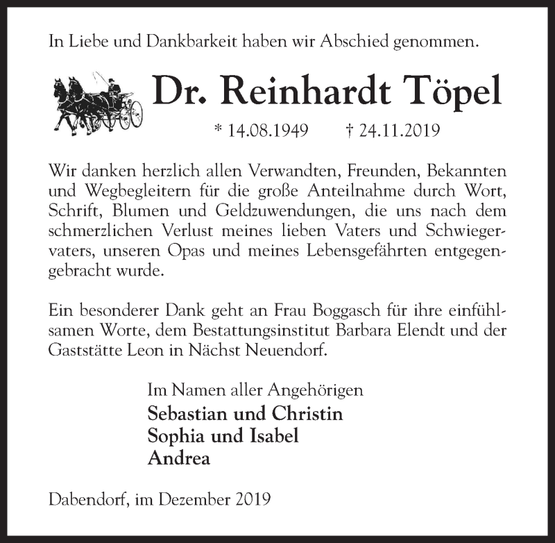  Traueranzeige für Reinhardt Töpel vom 21.12.2019 aus Märkischen Allgemeine Zeitung