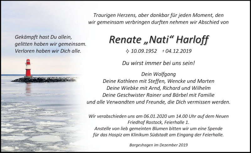  Traueranzeige für Renate Harloff vom 14.12.2019 aus Ostsee-Zeitung GmbH