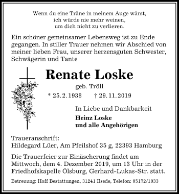 Traueranzeige von Renate Loske von Peiner Allgemeine Zeitung