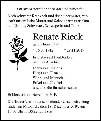 Traueranzeige von Renate Rieck von Ostsee-Zeitung GmbH