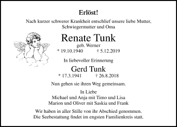 Traueranzeige von Renate Tunk von Lübecker Nachrichten