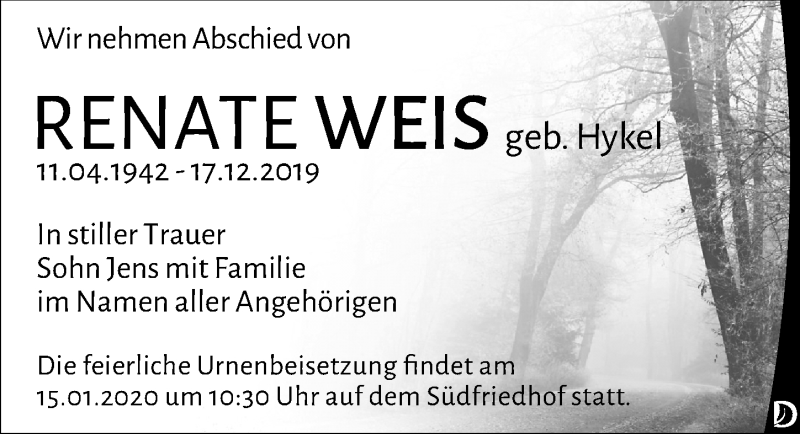  Traueranzeige für Renate Weis vom 21.12.2019 aus Leipziger Volkszeitung