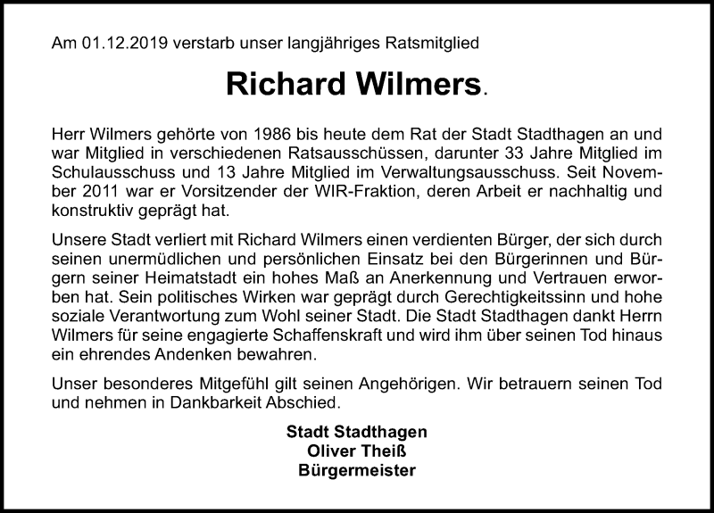  Traueranzeige für Richard Wilmers vom 04.12.2019 aus Schaumburger Nachrichten