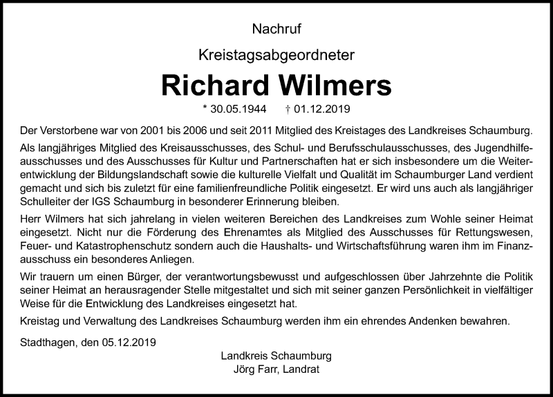  Traueranzeige für Richard Wilmers vom 06.12.2019 aus Schaumburger Nachrichten