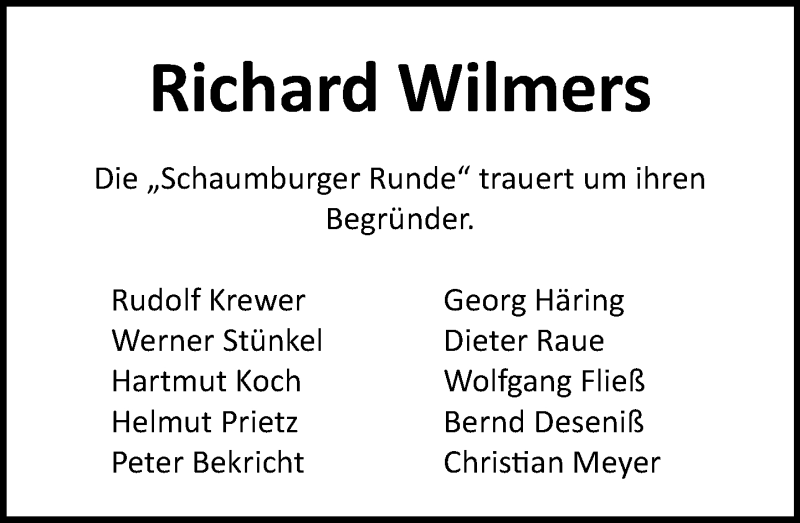  Traueranzeige für Richard Wilmers vom 07.12.2019 aus Schaumburger Nachrichten