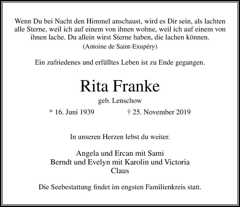  Traueranzeige für Rita Franke vom 01.12.2019 aus Lübecker Nachrichten
