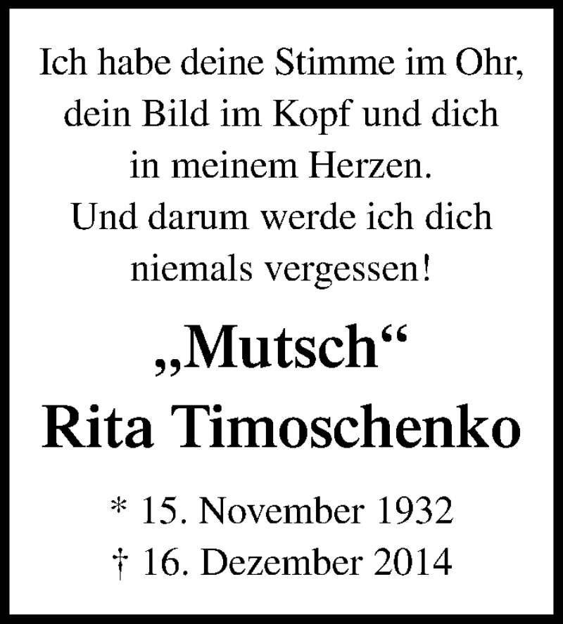  Traueranzeige für Rita Timoschenko vom 15.12.2019 aus Lübecker Nachrichten