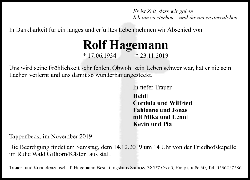 Traueranzeige für Rolf Hagemann vom 07.12.2019 aus Aller Zeitung
