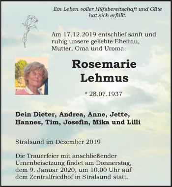 Traueranzeige von Rosemarie Lehmus von Ostsee-Zeitung GmbH