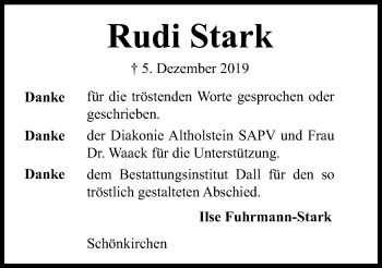 Traueranzeige von Rudi Stark von Kieler Nachrichten