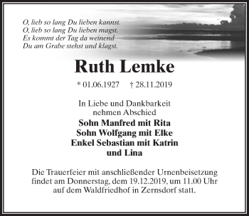 Traueranzeigen von Ruth Lemke | trauer-anzeigen.de