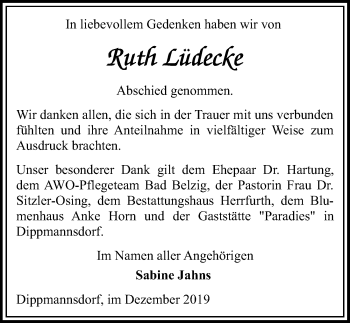 Traueranzeige von Ruth Lüdecke von Märkischen Allgemeine Zeitung