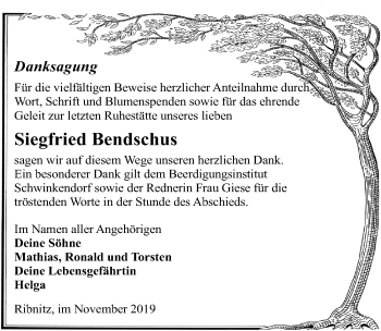 Traueranzeige von Siegfried Bendschus von Ostsee-Zeitung GmbH