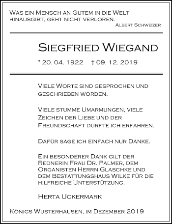 Traueranzeige von Siegfried Wiegand von Märkischen Allgemeine Zeitung