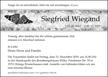Traueranzeige von Siegfried Wiegand von Märkischen Allgemeine Zeitung