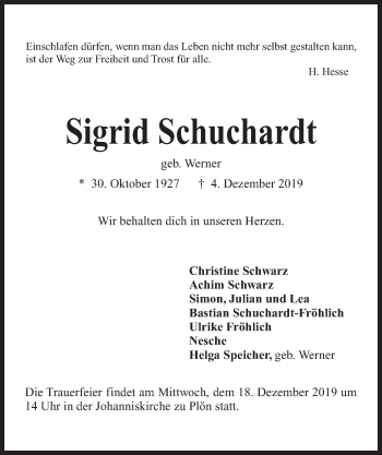 Traueranzeige von Sigrid Schuchardt von Kieler Nachrichten