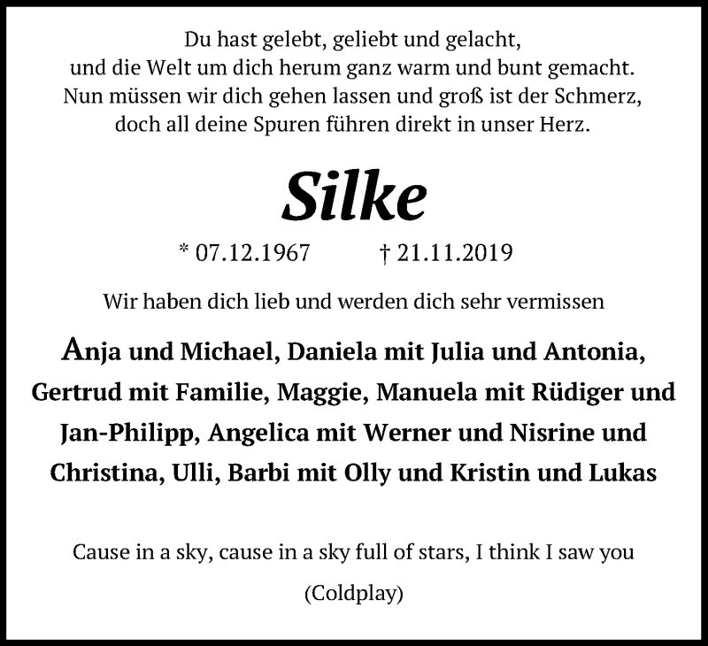  Traueranzeige für Silke Truppat vom 07.12.2019 aus Hannoversche Allgemeine Zeitung/Neue Presse