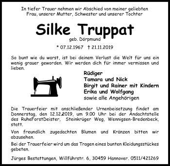 Traueranzeige von Silke Truppat von Hannoversche Allgemeine Zeitung/Neue Presse