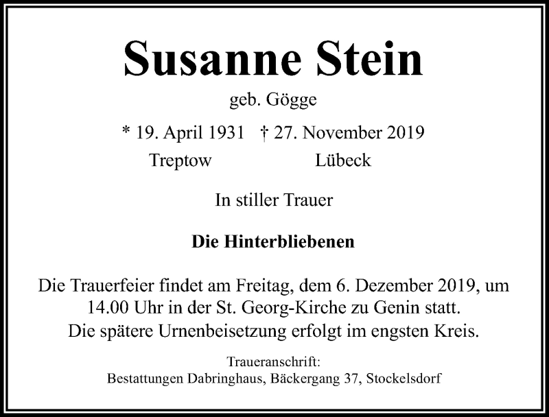  Traueranzeige für Susanne Stein vom 03.12.2019 aus Lübecker Nachrichten