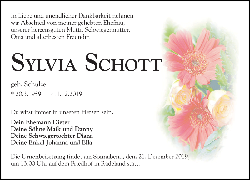  Traueranzeige für Sylvia Schott vom 14.12.2019 aus Märkischen Allgemeine Zeitung