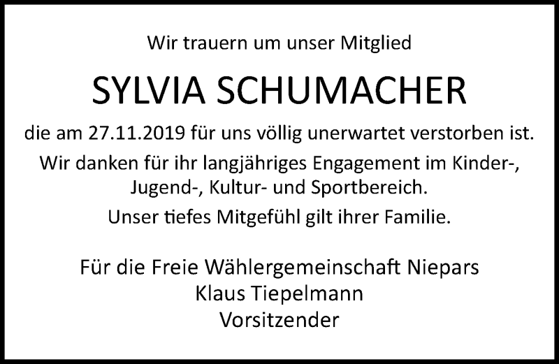  Traueranzeige für Sylvia Schumacher vom 07.12.2019 aus Ostsee-Zeitung GmbH