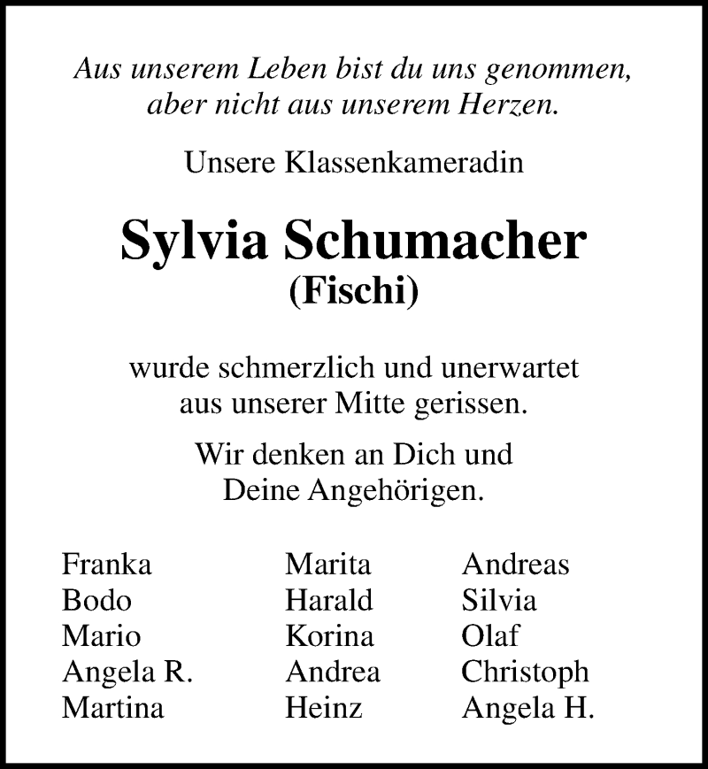  Traueranzeige für Sylvia Schumacher vom 14.12.2019 aus Ostsee-Zeitung GmbH