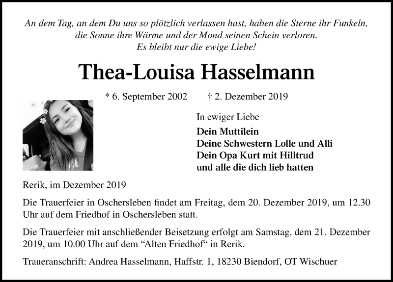  Traueranzeige für Thea-Louisa Hasselmann vom 19.12.2019 aus Ostsee-Zeitung GmbH