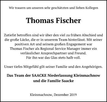 Traueranzeige von Thomas Fischer von Märkischen Allgemeine Zeitung