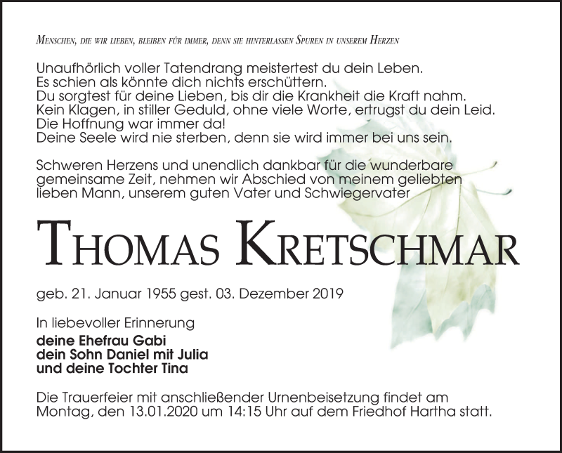  Traueranzeige für Thomas Kretschmar vom 14.12.2019 aus Leipziger Volkszeitung