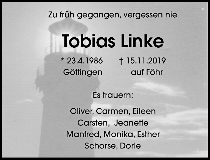  Traueranzeige für Tobias Linke vom 03.12.2019 aus Göttinger Tageblatt