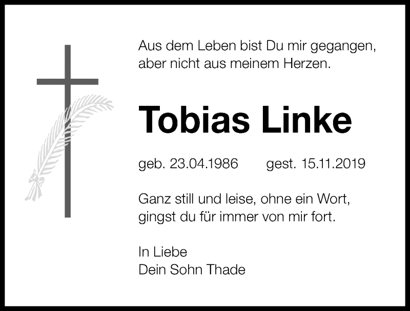  Traueranzeige für Tobias Linke vom 04.12.2019 aus Göttinger Tageblatt
