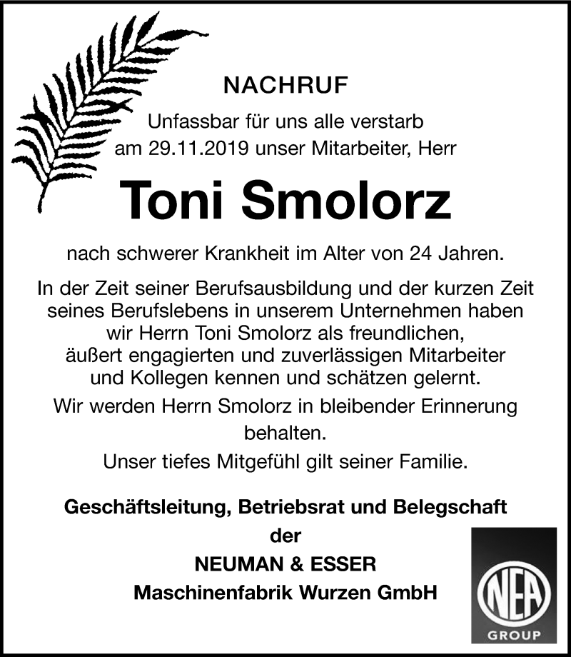  Traueranzeige für Toni Smolorz vom 07.12.2019 aus Leipziger Volkszeitung